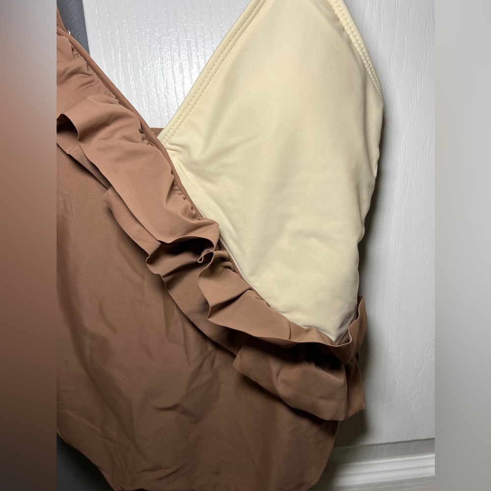 BIKINX One Piece Swimsuit - brown and cream with ruffles. Size Small. NWT - Picture 2 of 9